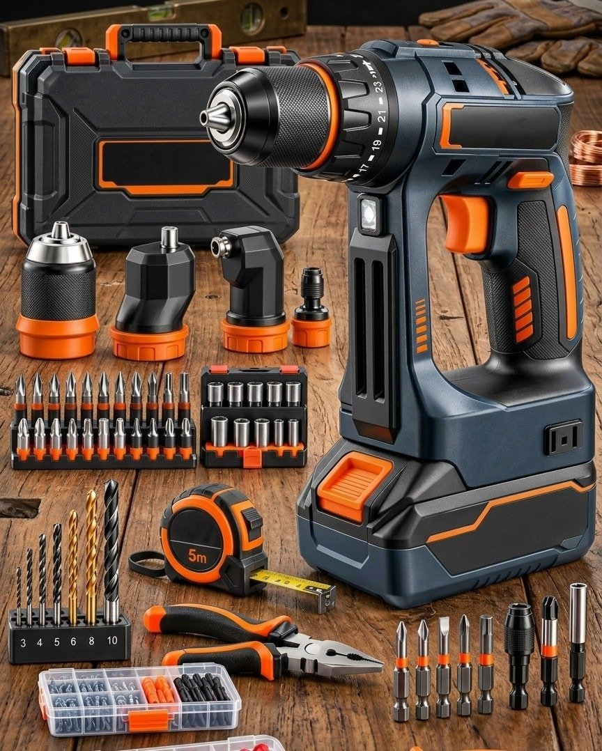 Cordless drill with case and accessory set on bench